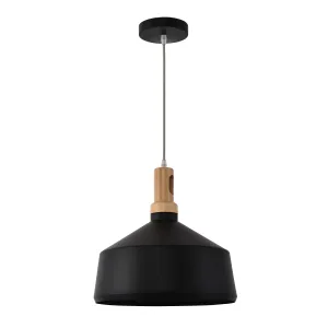 1 Light Pendant in Sleek Black Finish with Vintage Interior - Modern Aluminum & Wood Design