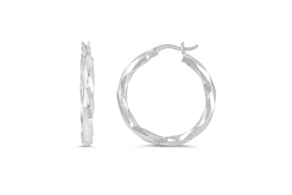 10K White Gold Diamond Cut Twisted Hoop Earrings