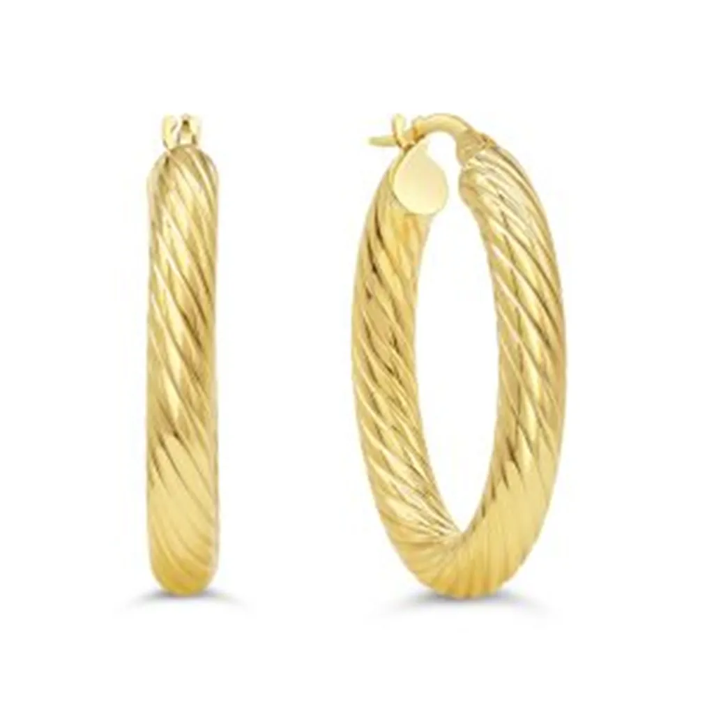 10K Yellow Gold Ribbed Twist Hoop Earrings