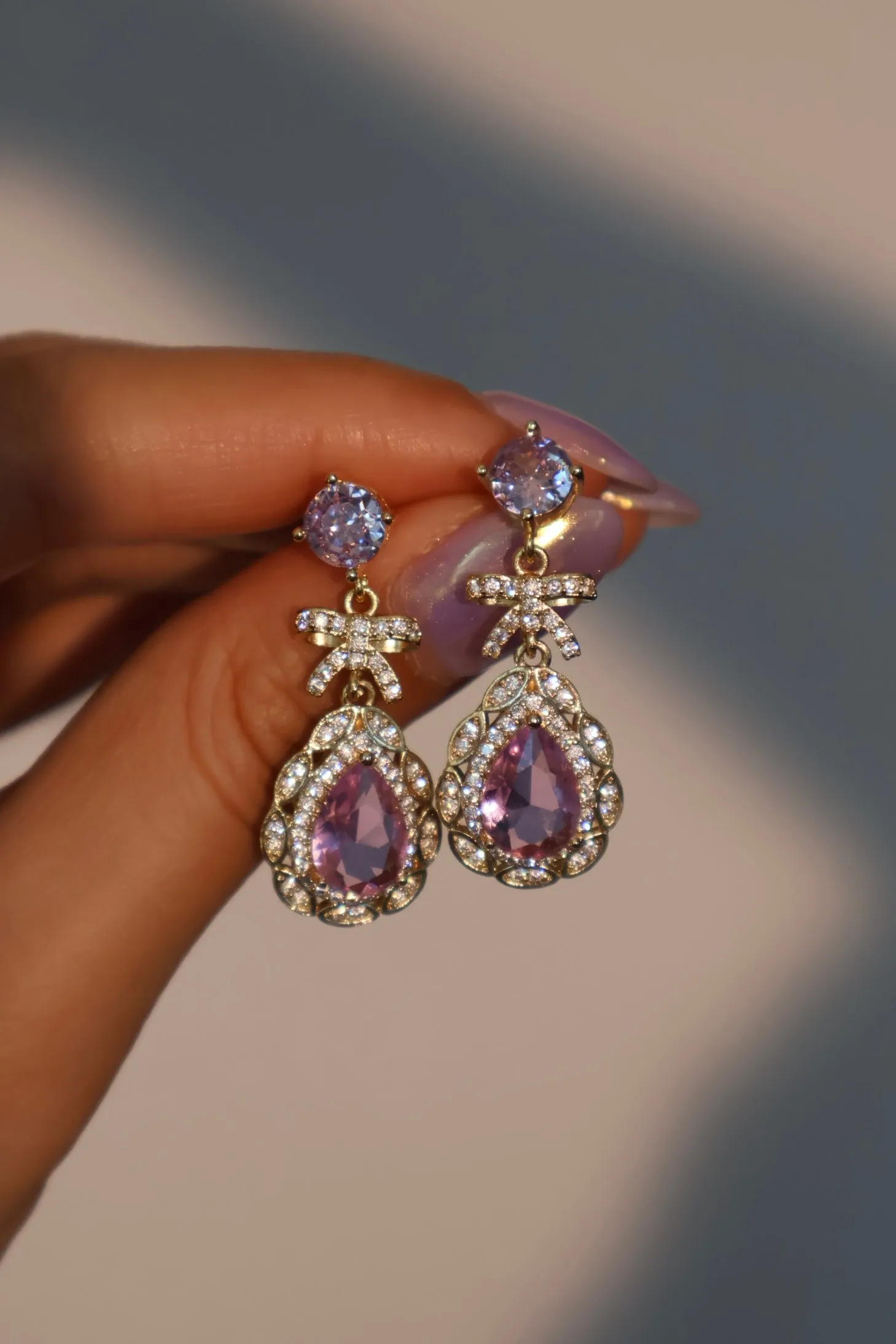 14K Real Gold Plated Purple Gem Bowknot Earrings