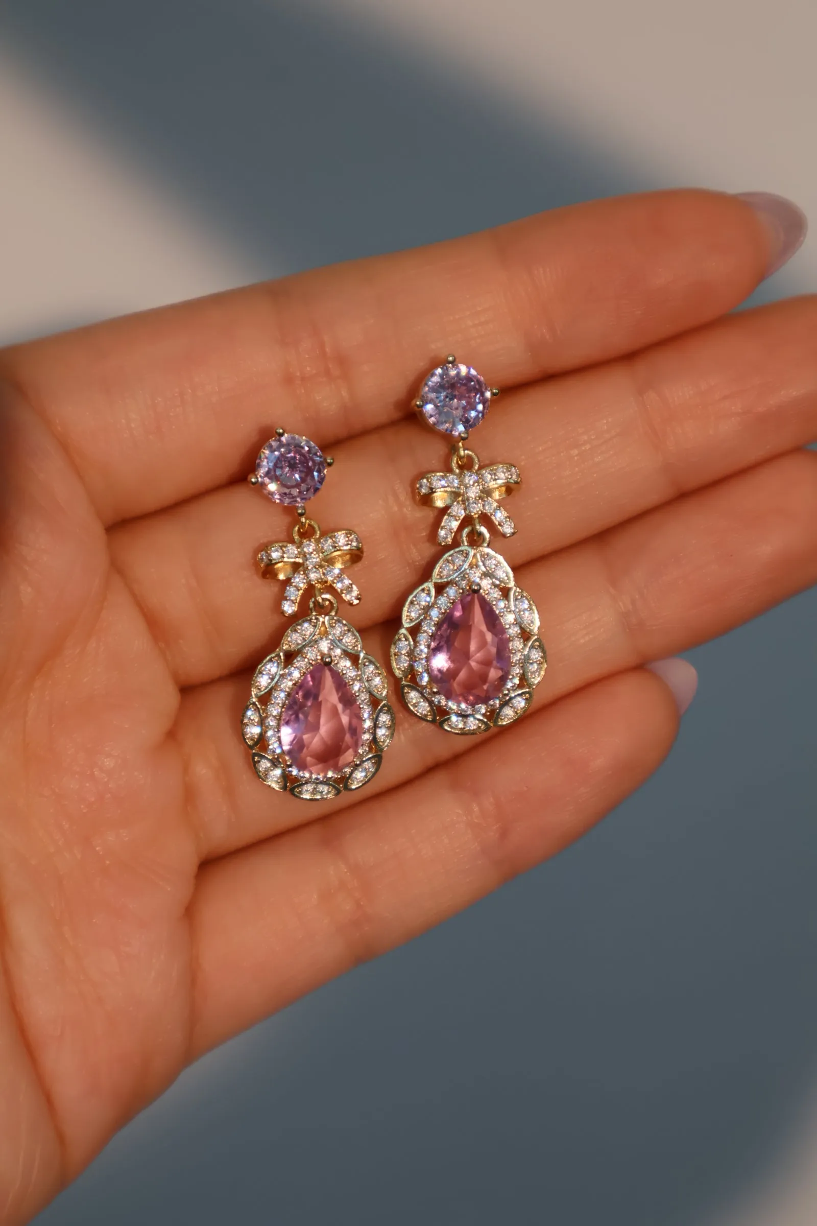 14K Real Gold Plated Purple Gem Bowknot Earrings