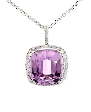 14K White Gold Halo Necklace with Kunzite and Diamonds