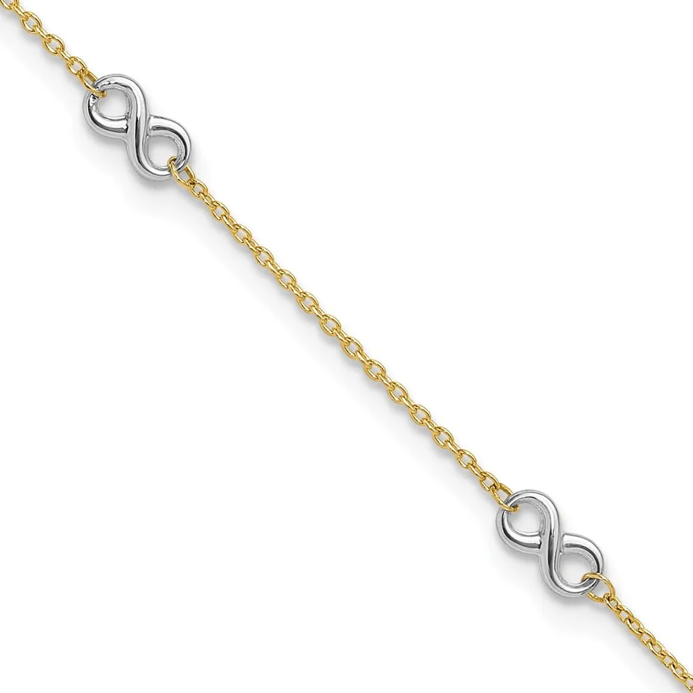 14k Yellow Gold 4 mm Two-tone Polished Infinity 10in Plus 1 in ext. Anklet (1.58 grams)