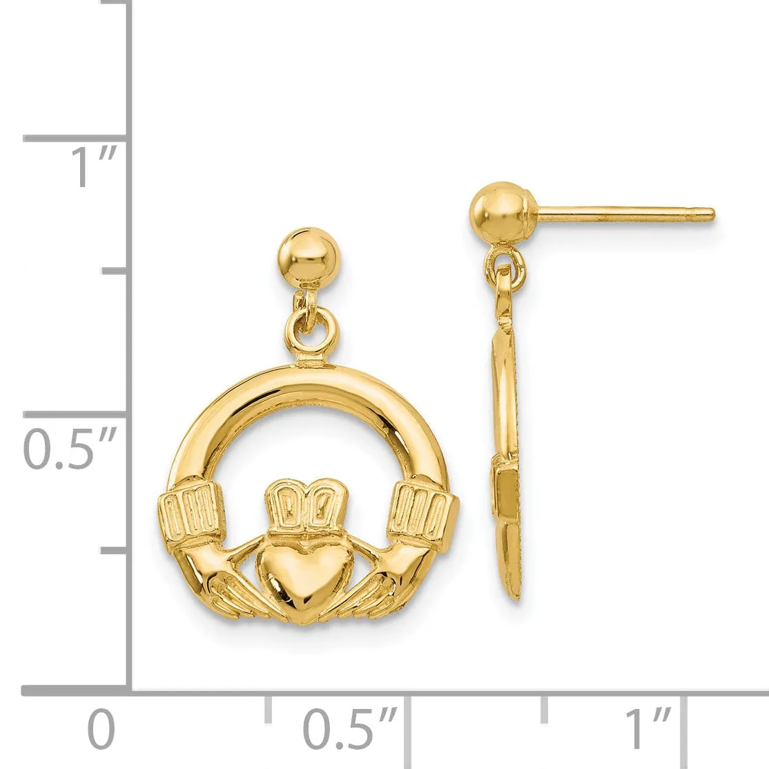 14k Yellow Gold Dangling Claddagh Post Earrings