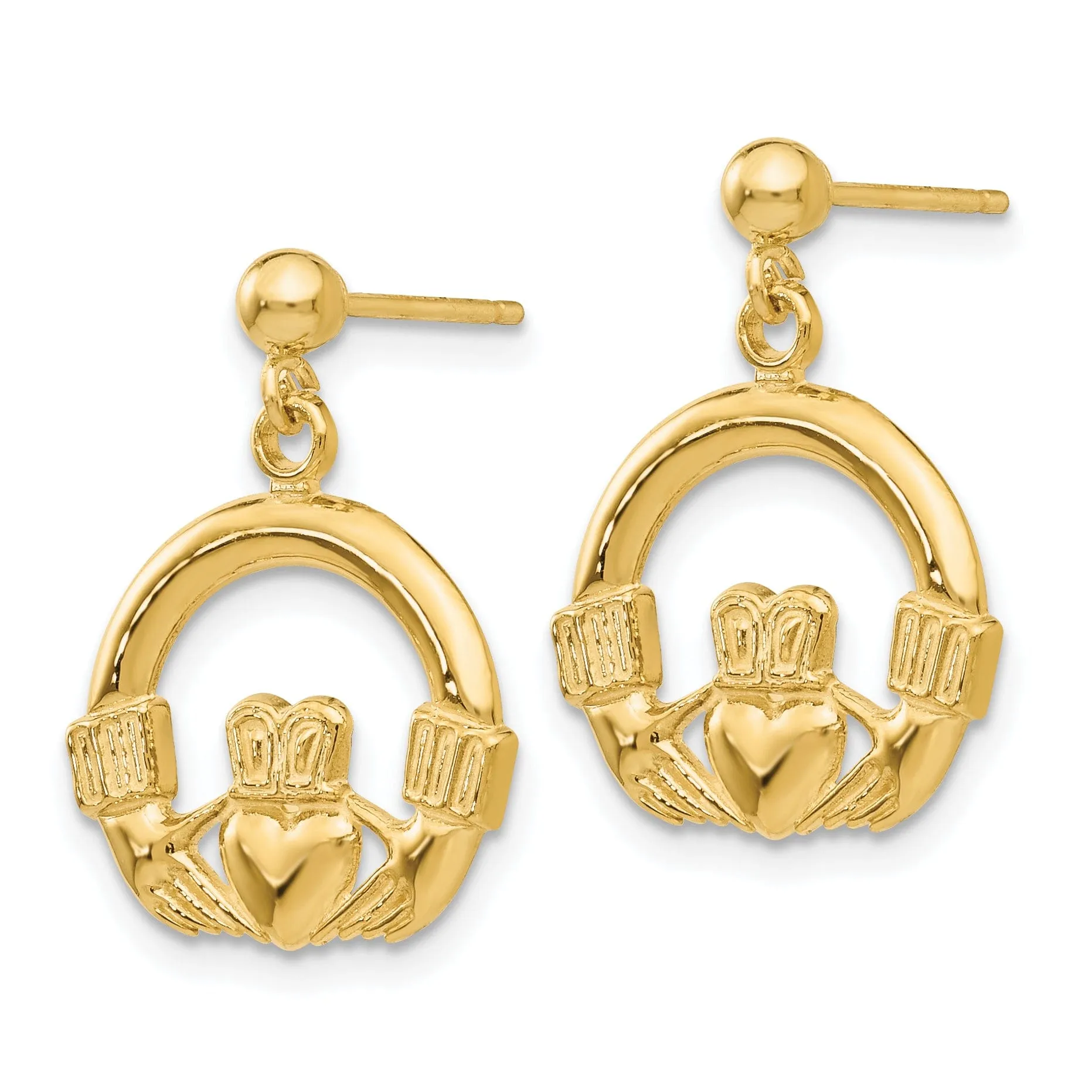 14k Yellow Gold Dangling Claddagh Post Earrings