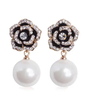 18K Gold Black Rose Embellished Pearl Drop Earrings