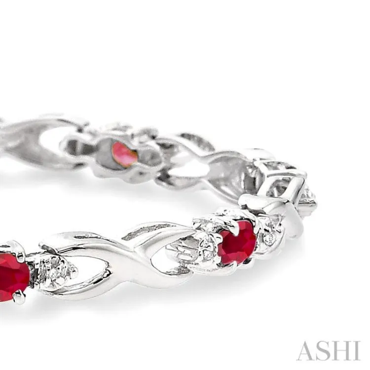 4x3mm Oval Cut Ruby and 1/10 Ctw Single Cut Diamond Bracelet in 10K White Gold