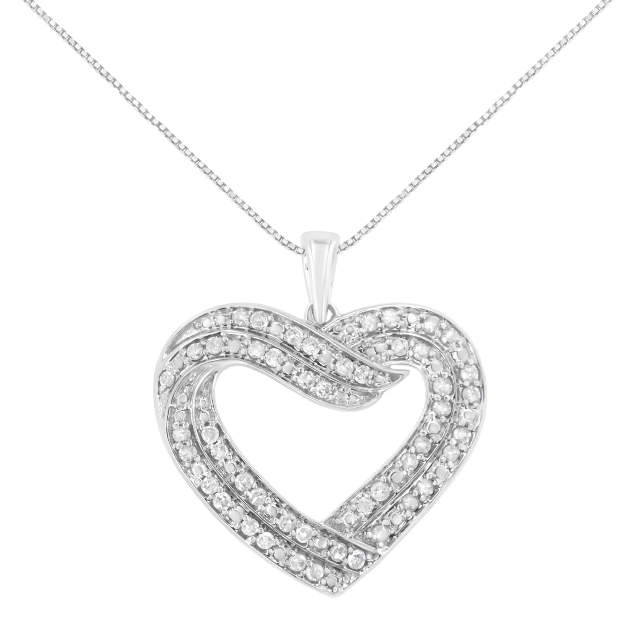 .925 Sterling Silver 1/2 cttw Prong Set Round-Cut Diamond Bypass Heart 18" Pendant Necklace (I-J Color, I2-I3 Clarity)