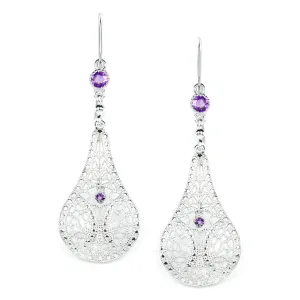 AMETHYST FILIGREE EARRINGS STERLING SILVER DANGLE TEARDROP VINTAGE STYLE PURPLE