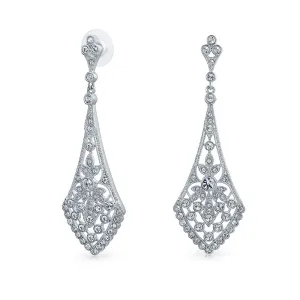 Art Deco Fan Teardrop Crystal Dangle Chandelier Earrings Silver Plated Brass