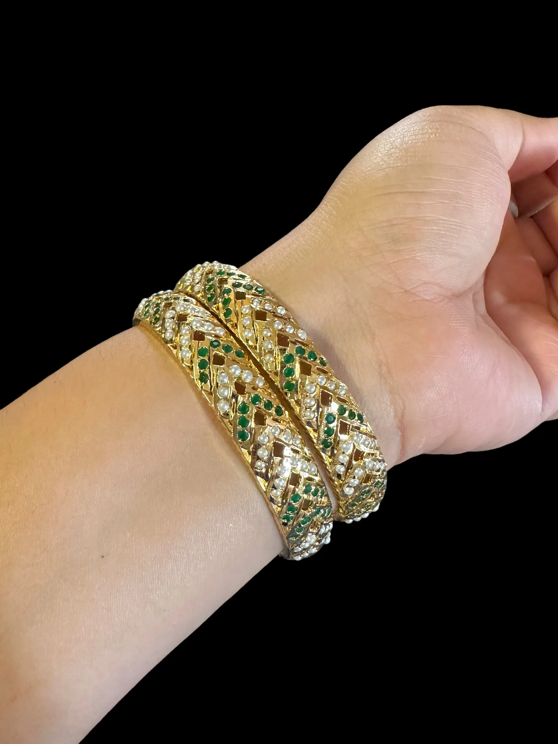 B149 Gold plated jadau bangles - green  ( READY TO SHIP)