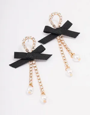 Black Cup Chain Pearl Bow Drop Earrings