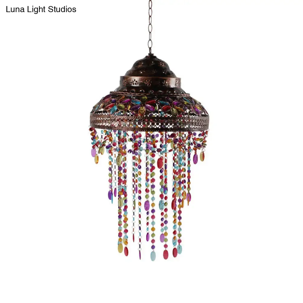 Boho Stained Glass Pendant Copper Lamp - Bowl Dining Room Down Light with Beaded Drape