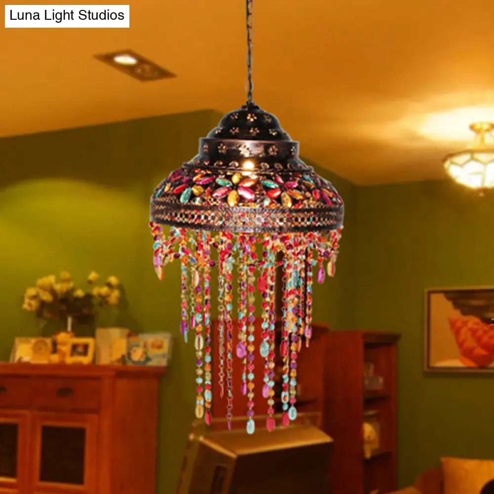 Boho Stained Glass Pendant Copper Lamp - Bowl Dining Room Down Light with Beaded Drape