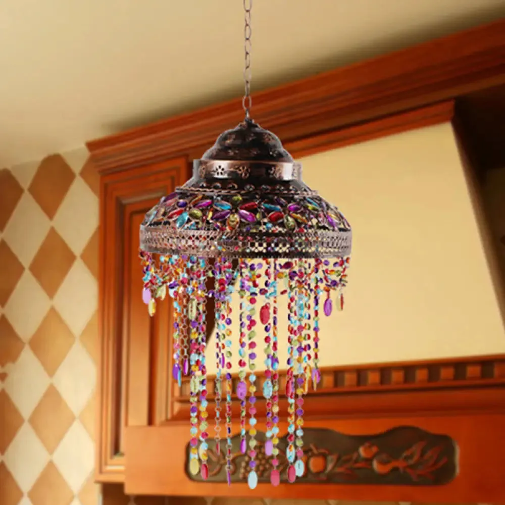 Boho Stained Glass Pendant Copper Lamp - Bowl Dining Room Down Light with Beaded Drape