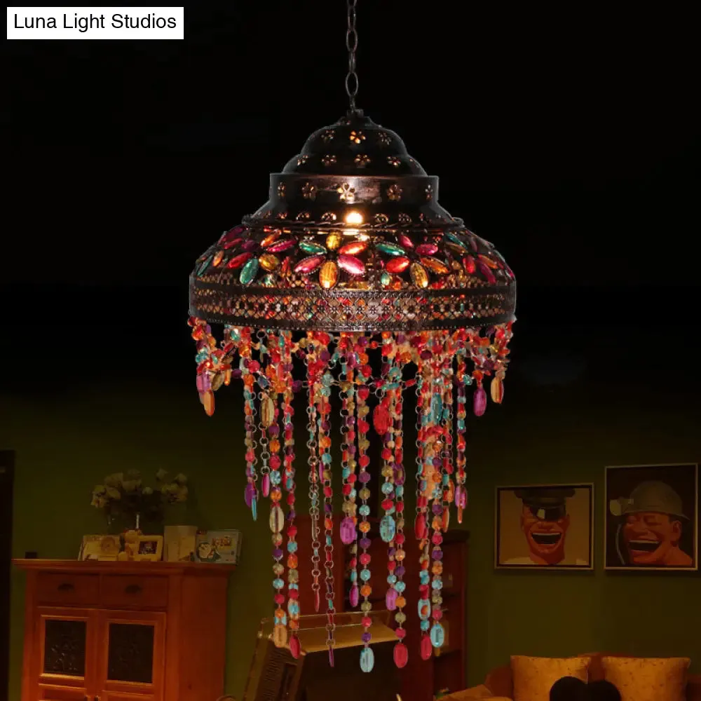 Boho Stained Glass Pendant Copper Lamp - Bowl Dining Room Down Light with Beaded Drape