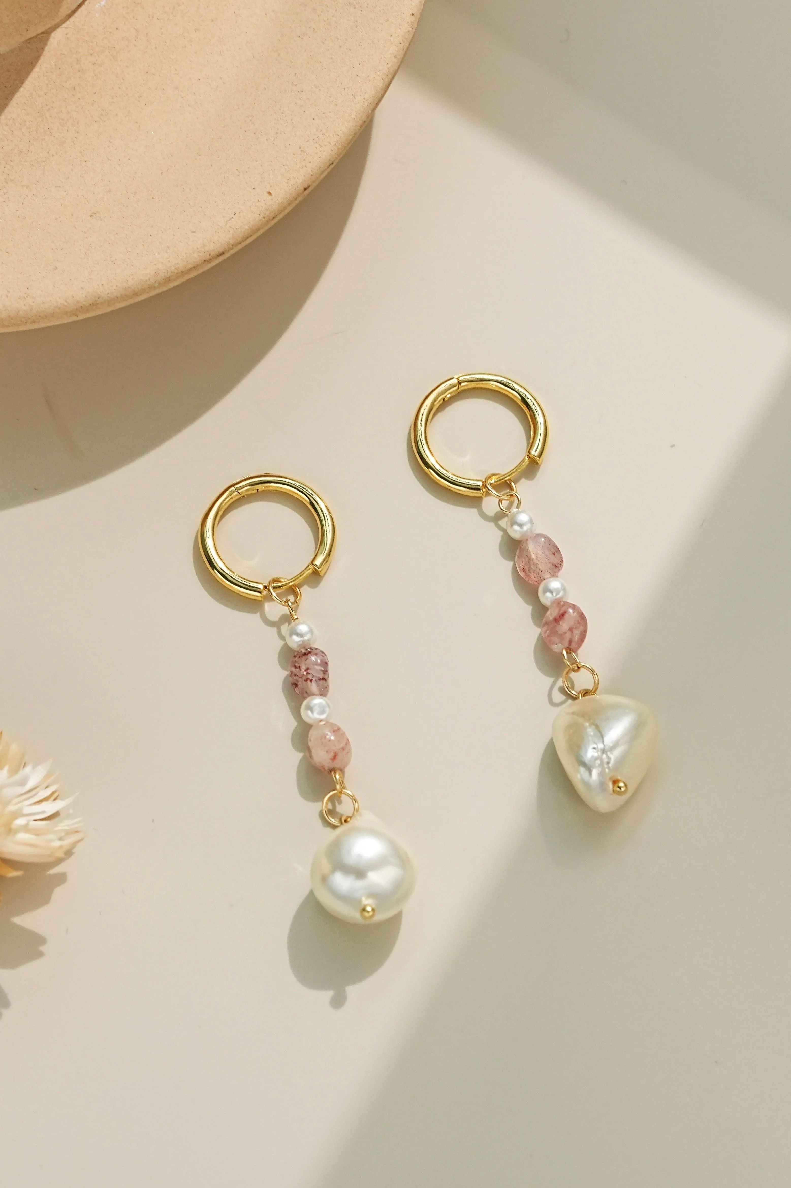 Celestial Blush Strawberry Quartz Pearl Earrings