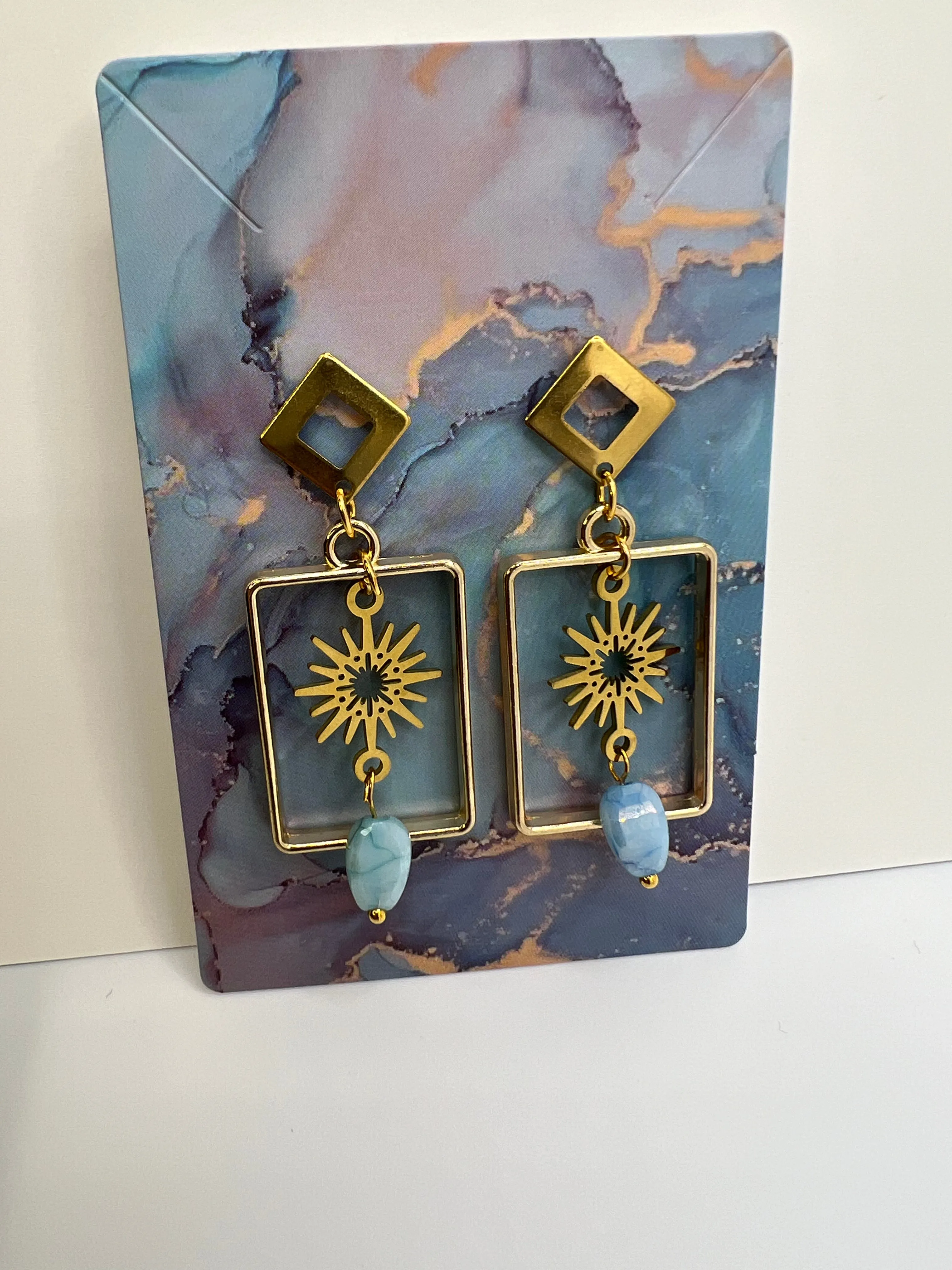 Celestial Golden Star Earrings with Blue Stone Pendant