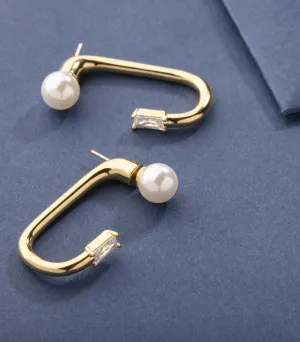 Classy Golden Color Hoop Of Pearls And Shiny Stones Earrings (Brass)