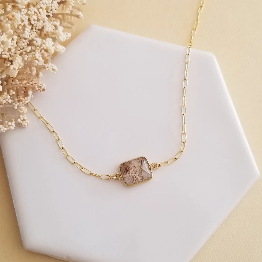 Copper Rutilated Quartz Necklace, Gold Paperclip Chain Necklace, Dainty Gemstone Choker Necklace, Layering Necklace