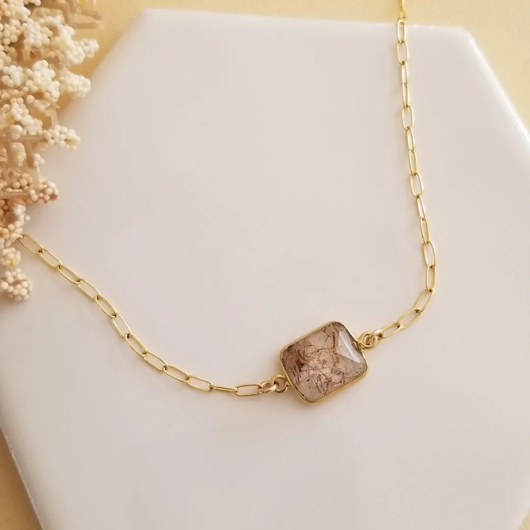 Copper Rutilated Quartz Necklace, Gold Paperclip Chain Necklace, Dainty Gemstone Choker Necklace, Layering Necklace