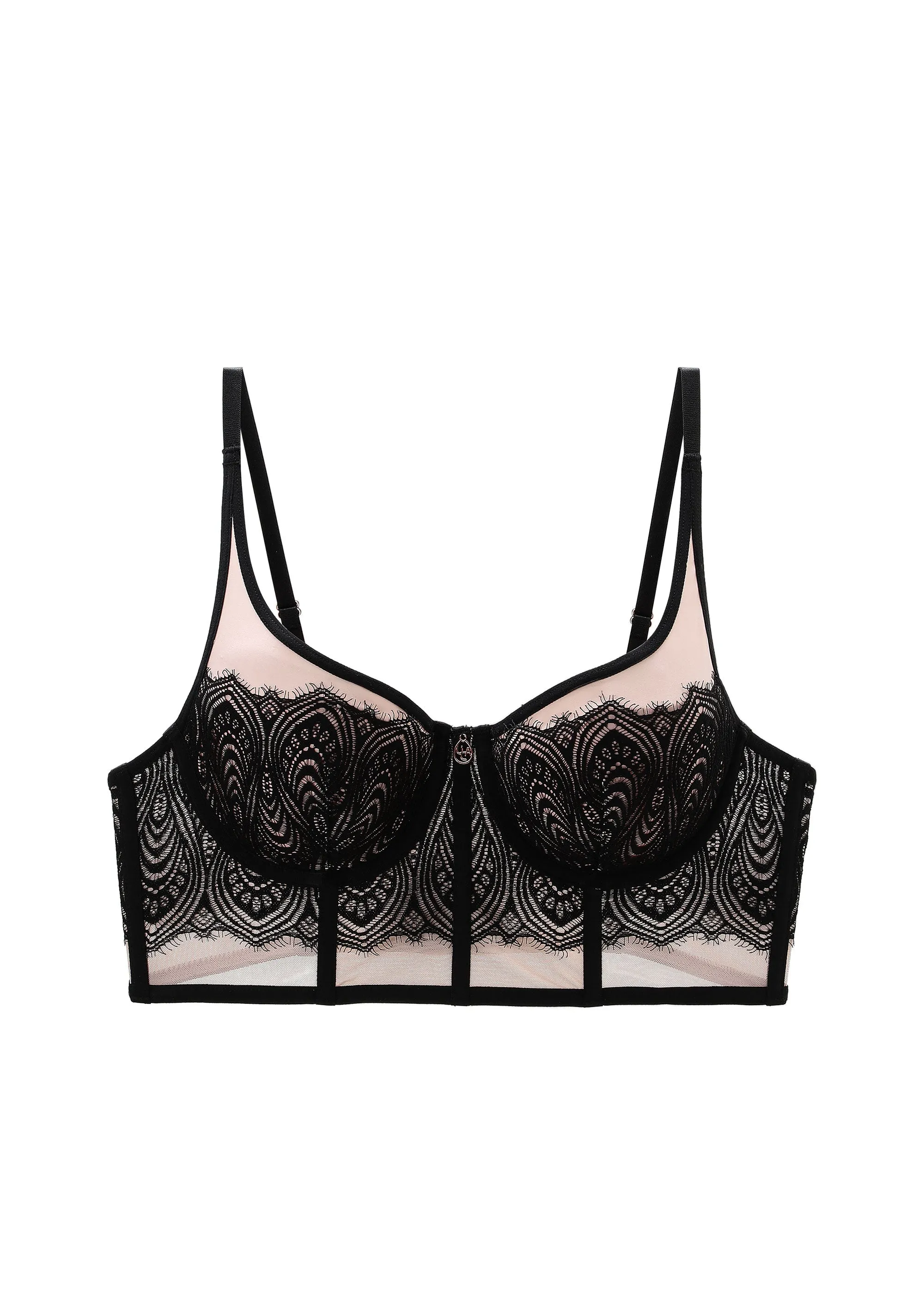 DOVE Plus Black Pink Lace Underwired Long Plunge Bra with Cut & Sewn Cups