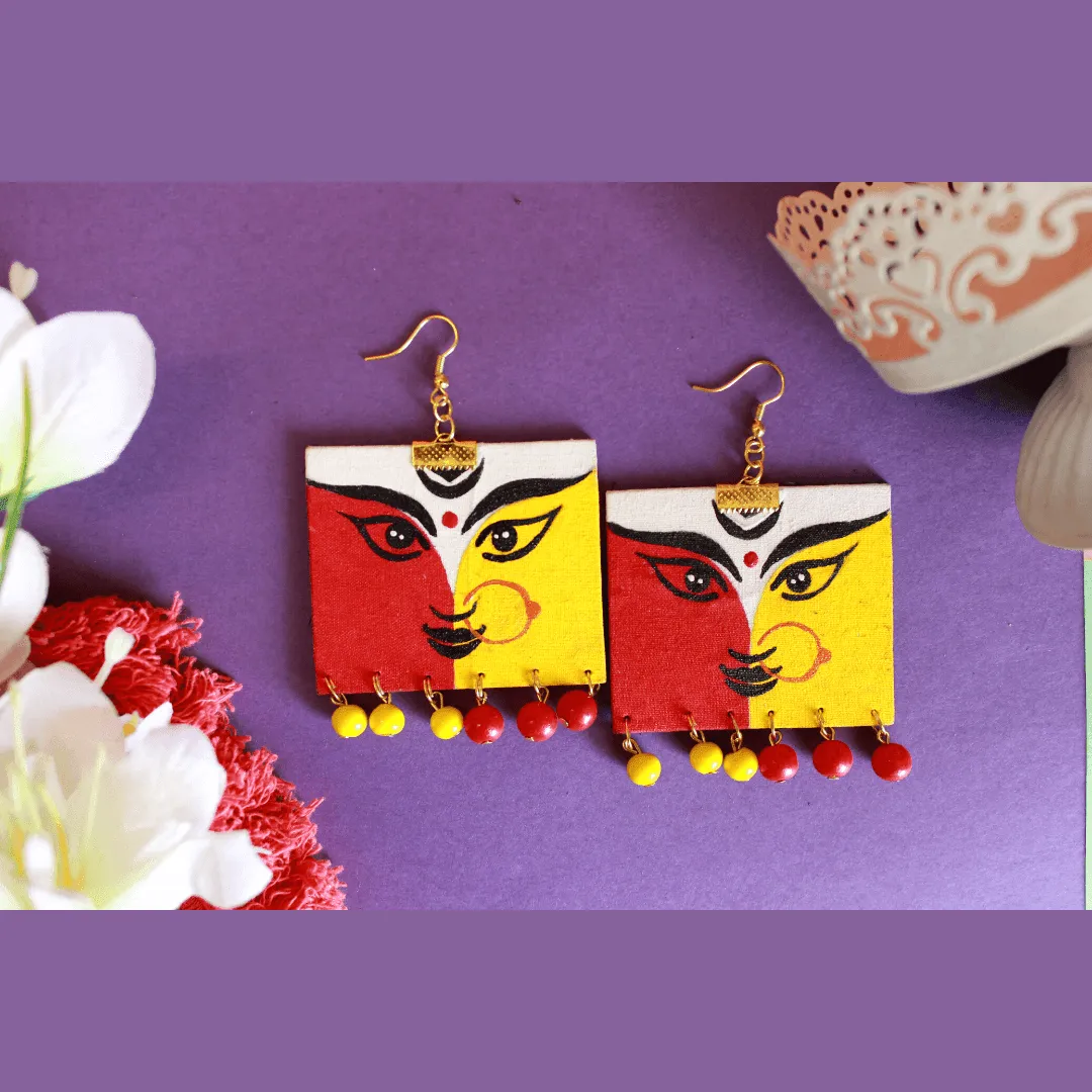 Durga Ma Handpainted Yellow And Red (Earrings)