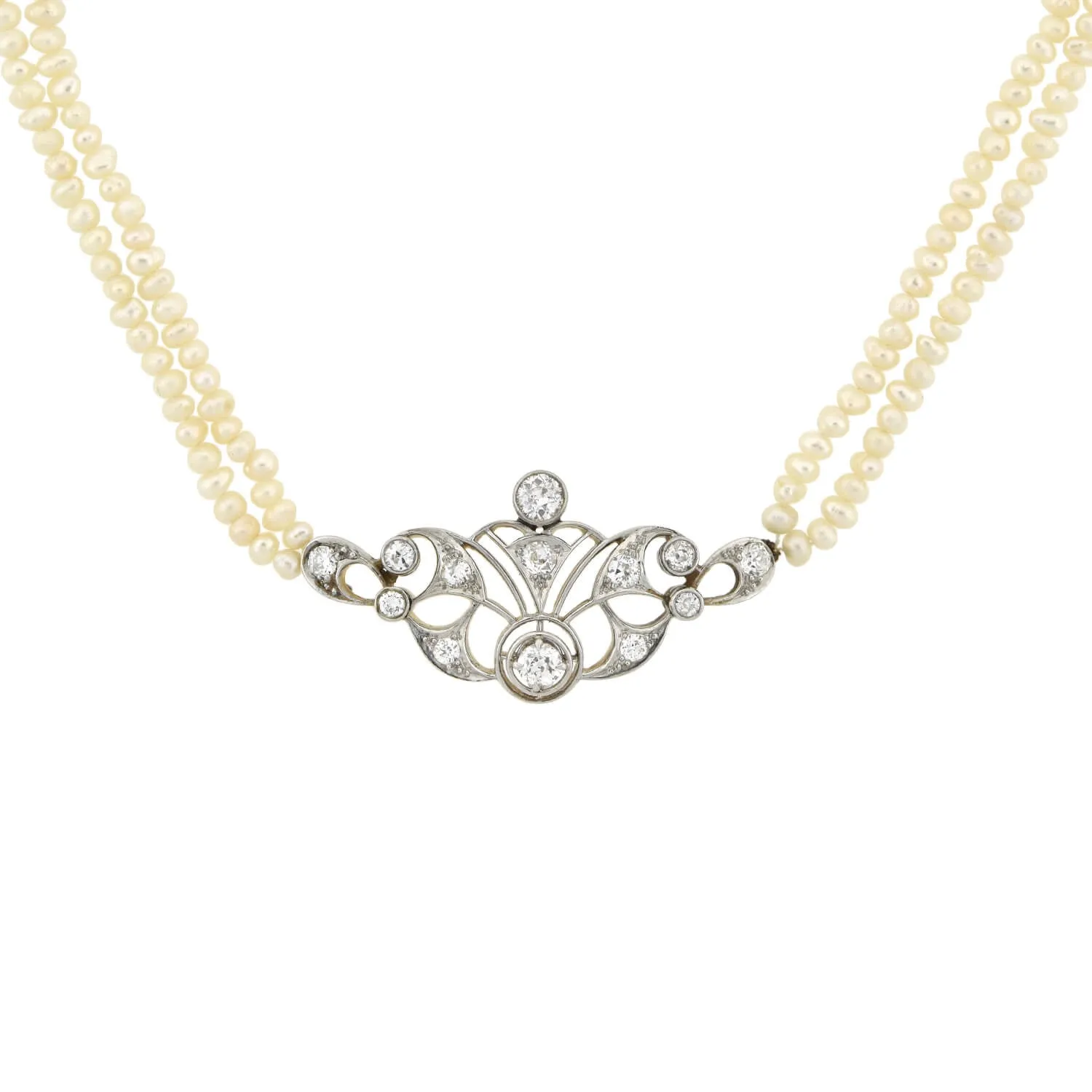 Edwardian 14kt/Platinum Seed Pearl   Diamond Centerpiece Necklace