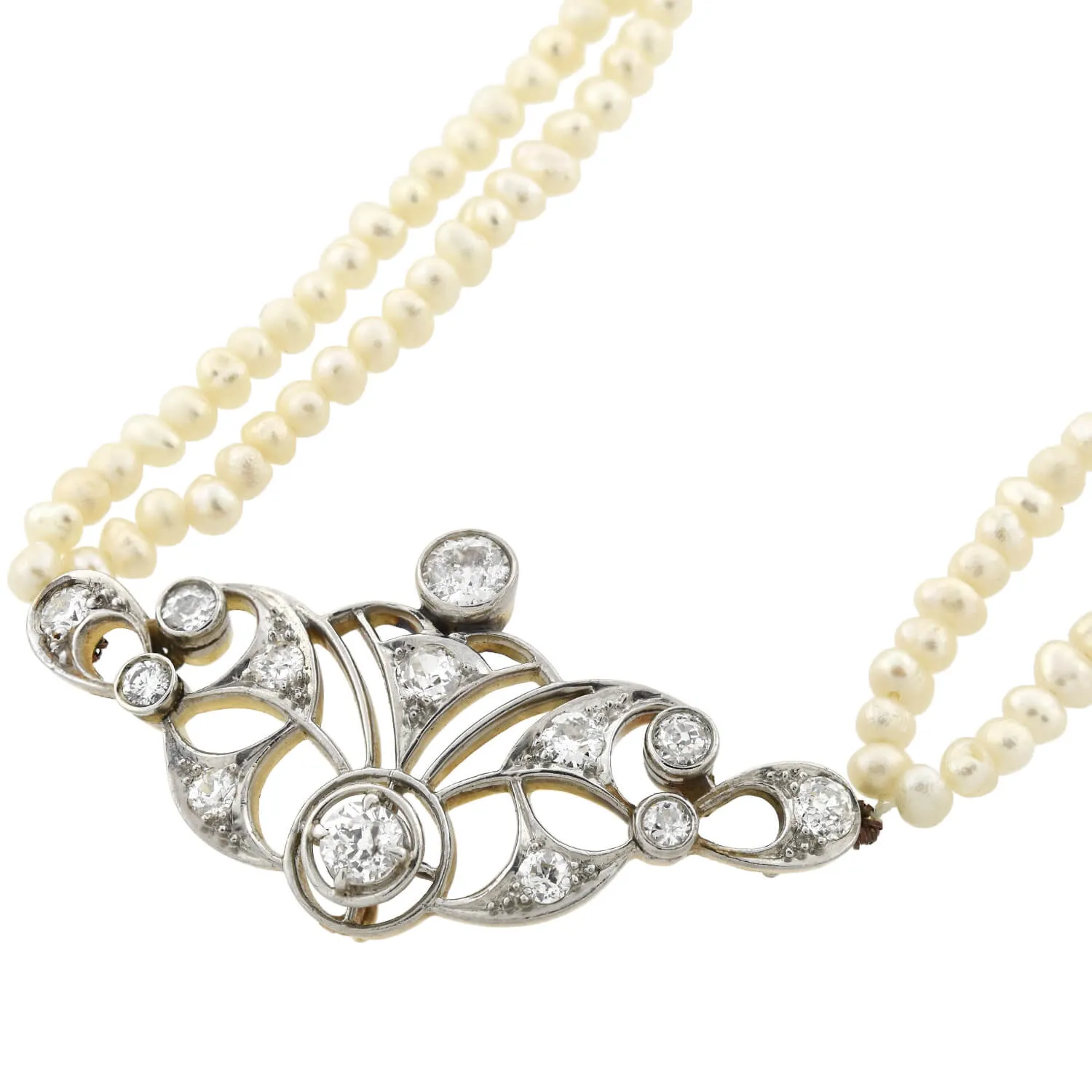 Edwardian 14kt/Platinum Seed Pearl   Diamond Centerpiece Necklace