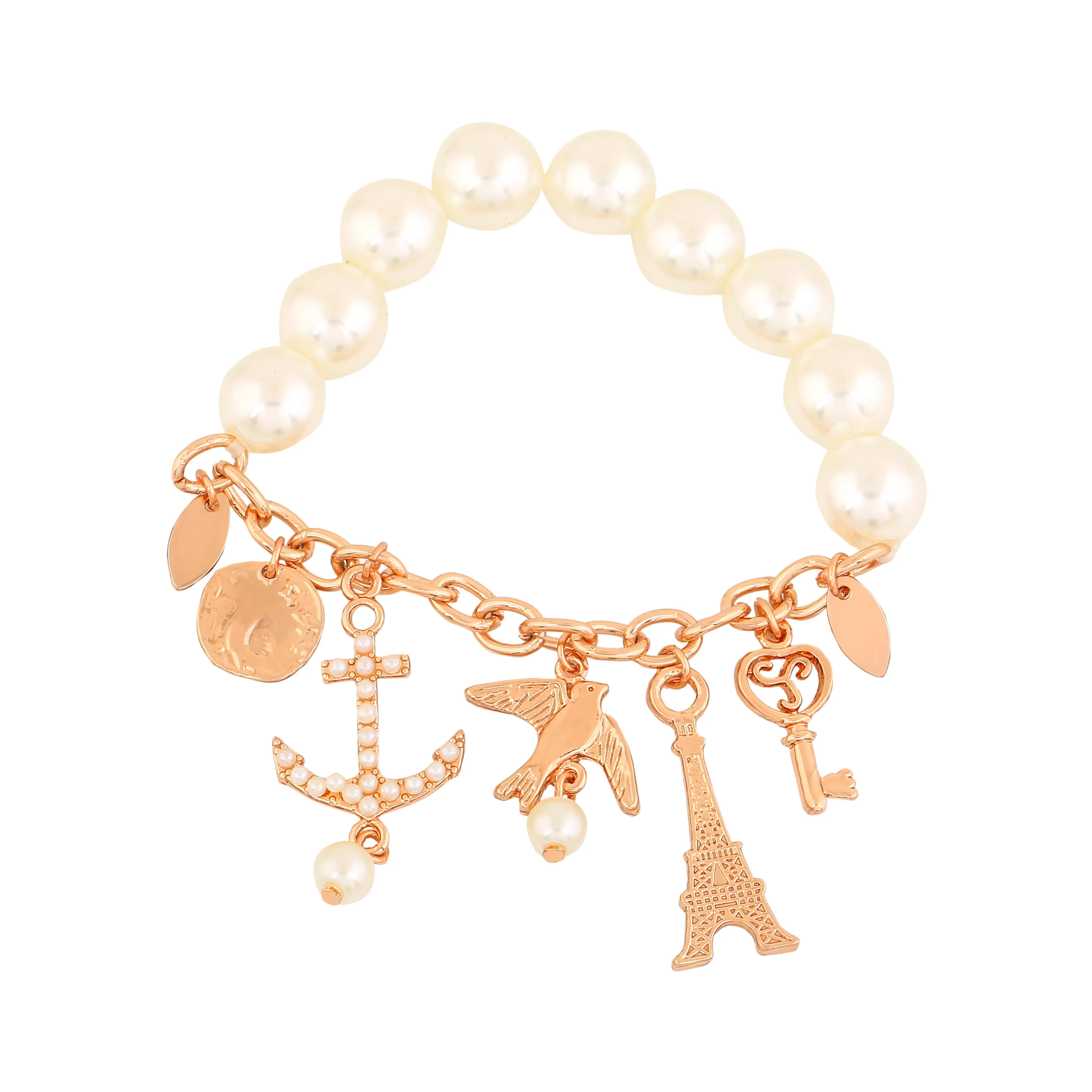 Estele Rosegold Plated Pearl Bracelet with Multiple travel Charms