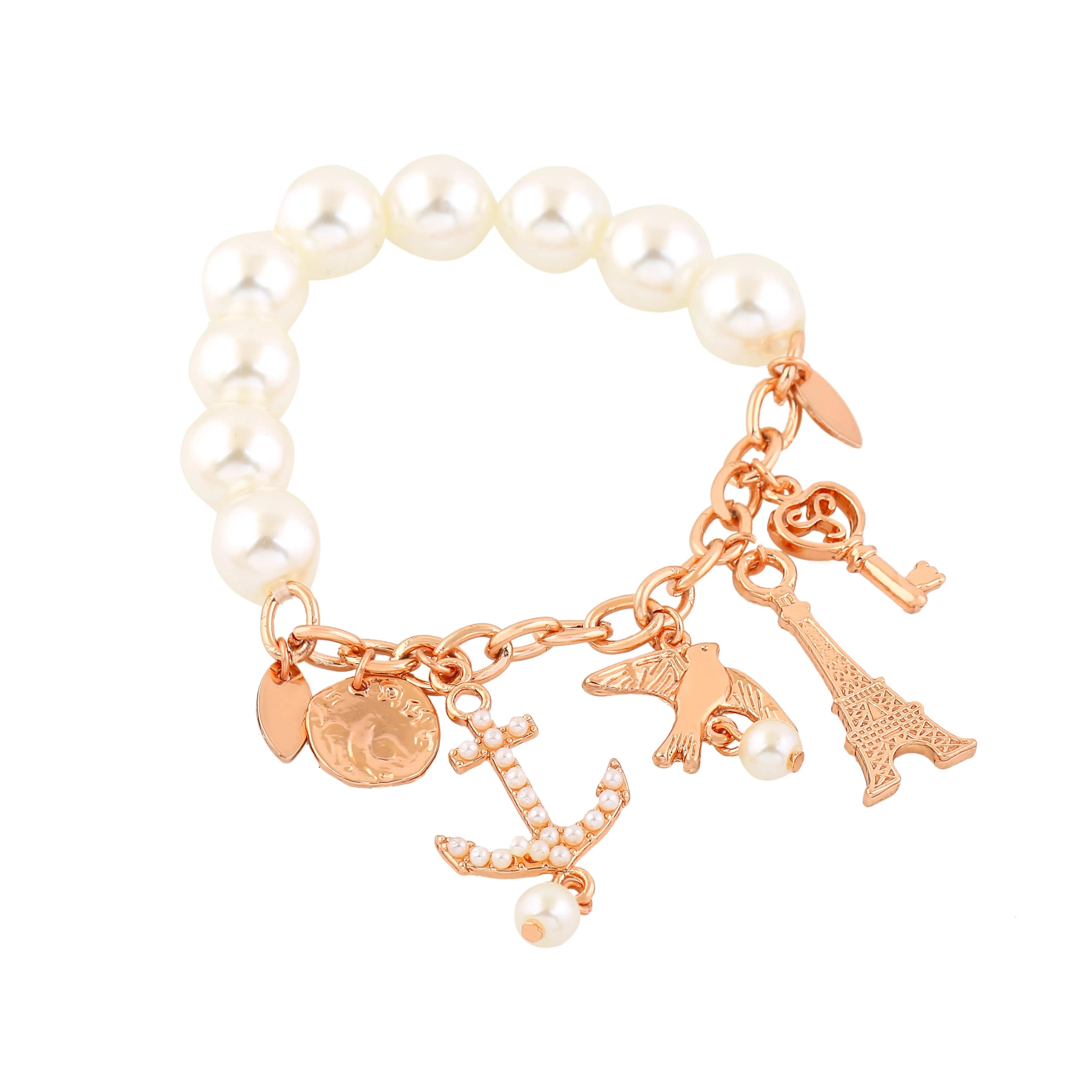 Estele Rosegold Plated Pearl Bracelet with Multiple travel Charms