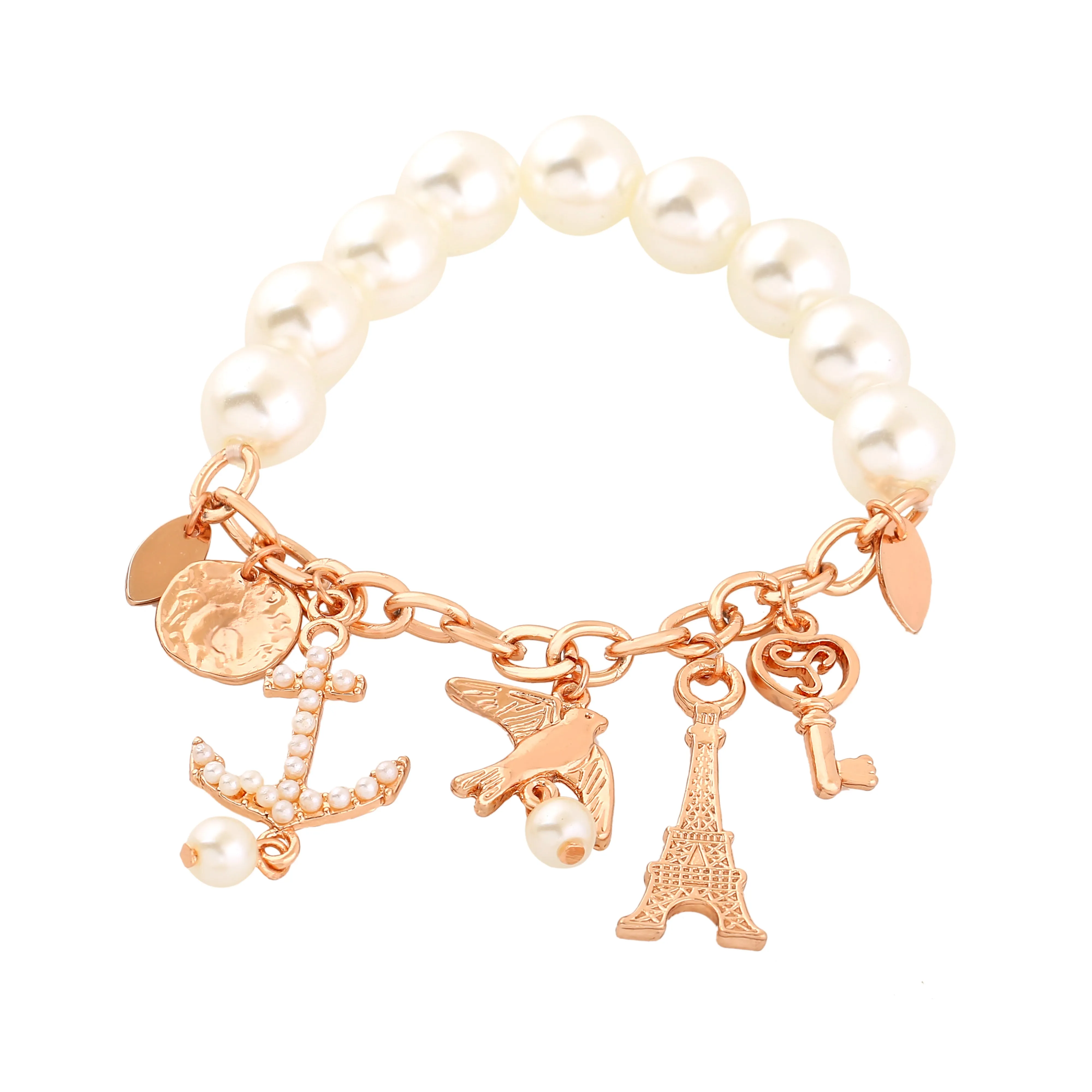 Estele Rosegold Plated Pearl Bracelet with Multiple travel Charms