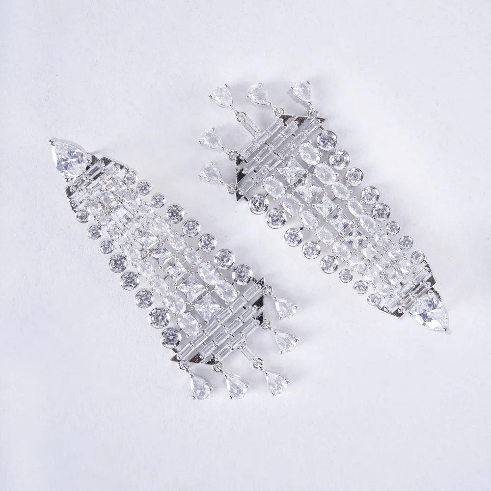 Ethereal White Serenade: Brass Rhodium CZ Earrings