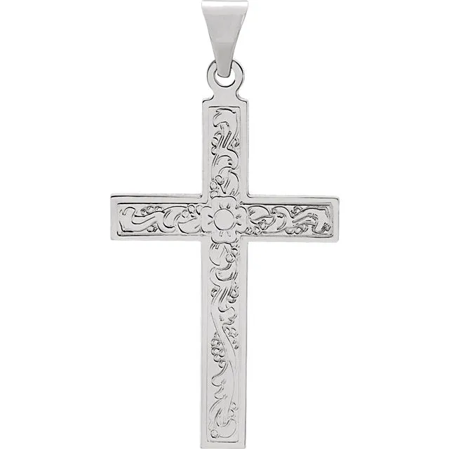 Flower Design Flowing Cross in Solid 14 Karat White Gold