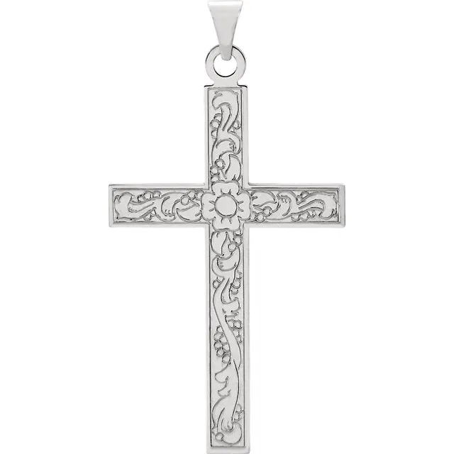 Flower Design Flowing Cross in Solid 14 Karat White Gold