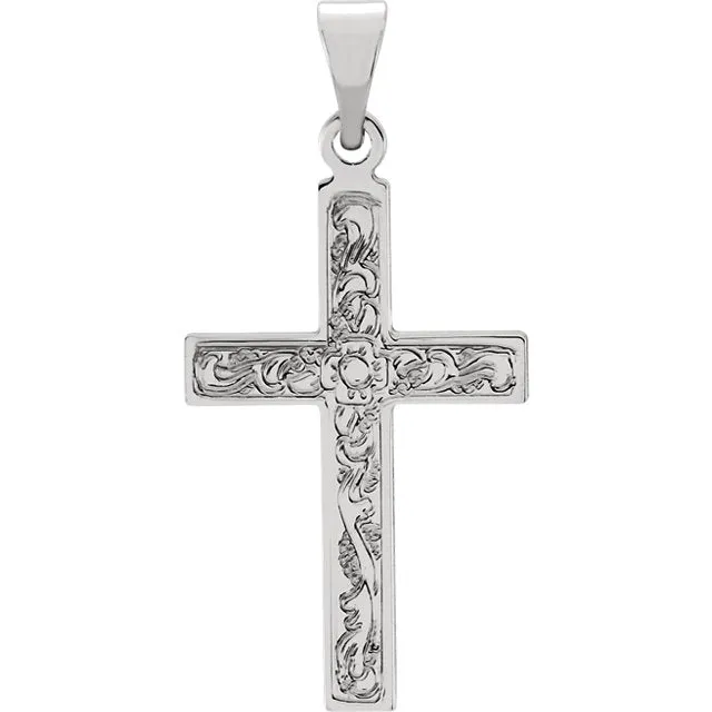 Flower Design Flowing Cross in Solid 14 Karat White Gold