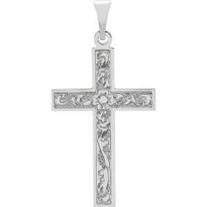 Flower Design Flowing Cross in Solid 14 Karat White Gold