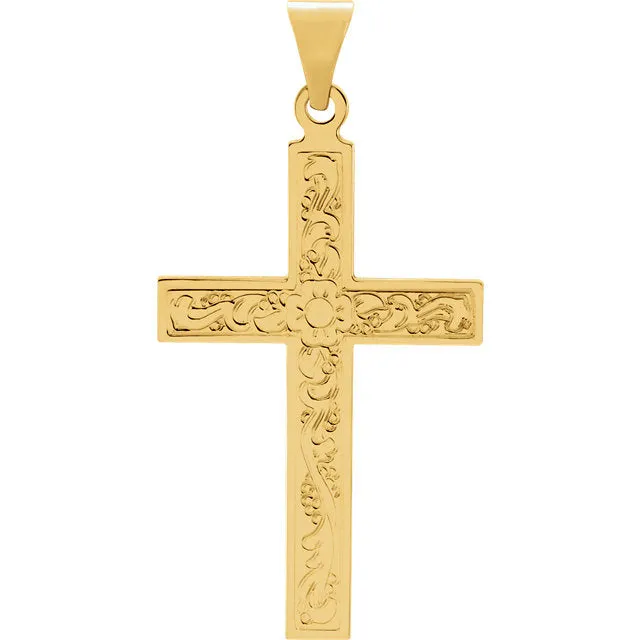 Flower Design Flowing Cross in Solid 14 Karat Yellow Gold