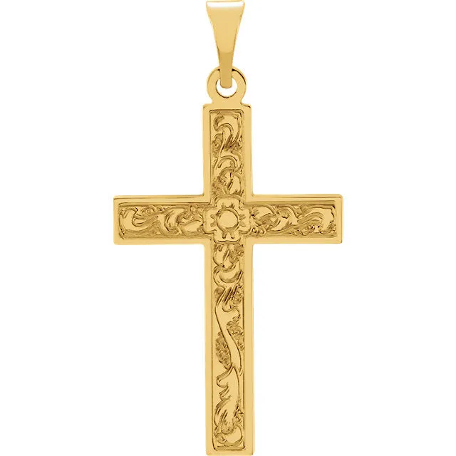 Flower Design Flowing Cross in Solid 14 Karat Yellow Gold