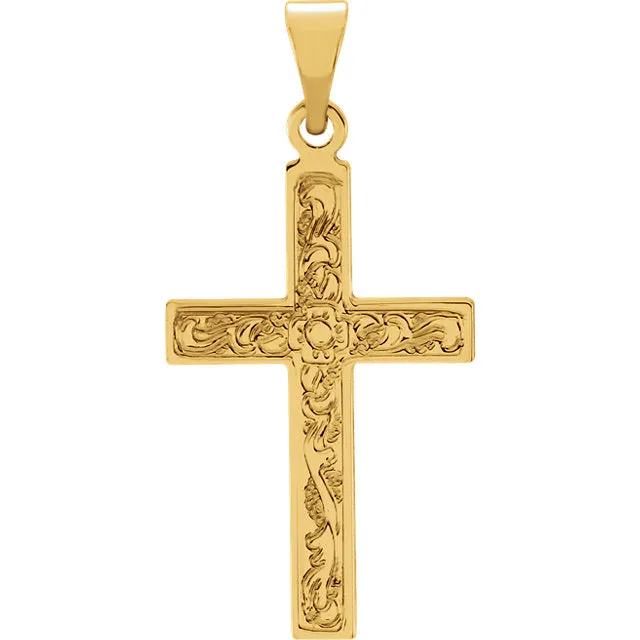 Flower Design Flowing Cross in Solid 14 Karat Yellow Gold