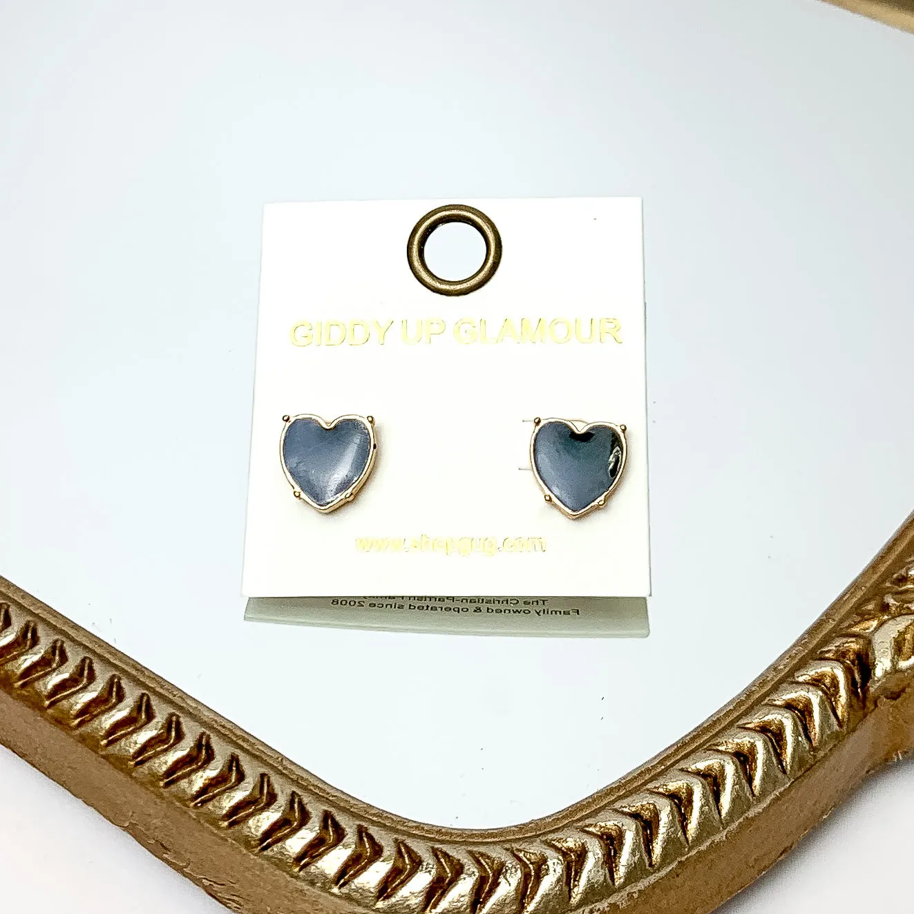 Gold Tone Heart Stud Earrings in Black