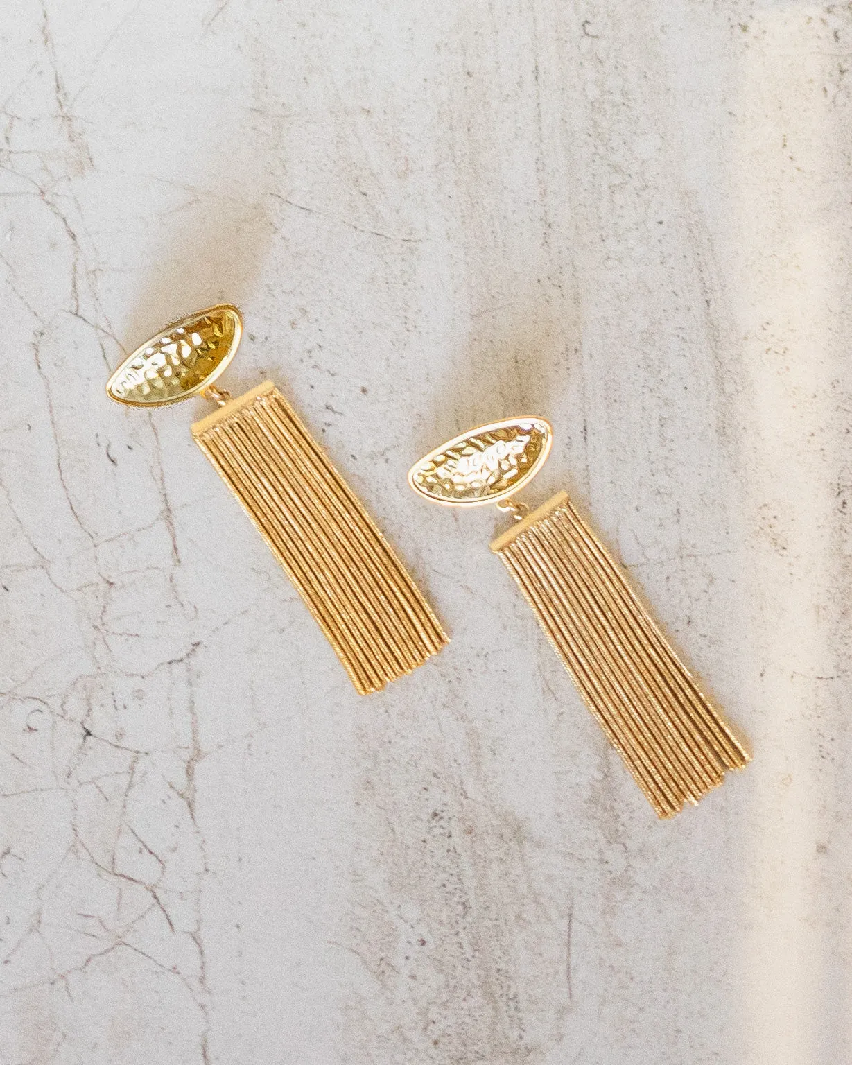 Hammered Metal Half Disc Gold Tassel Earrings