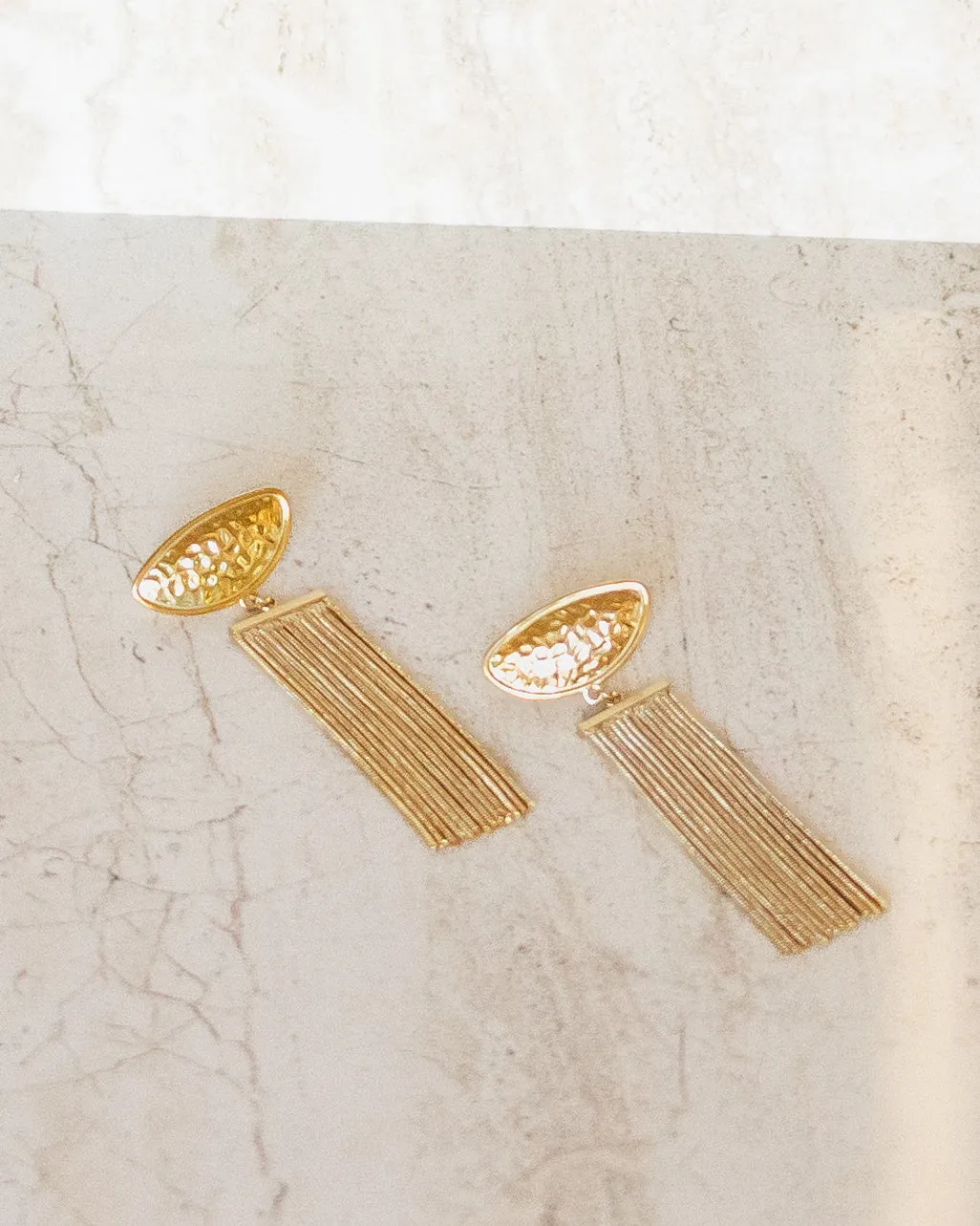 Hammered Metal Half Disc Gold Tassel Earrings