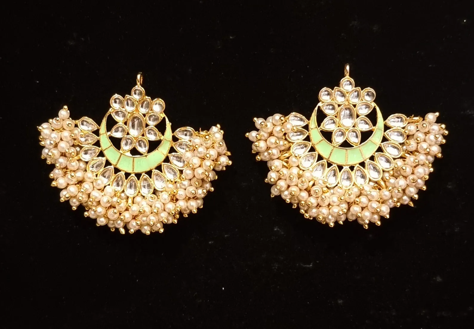 Hand painted kundan meenakari pearl chandbali earrings.