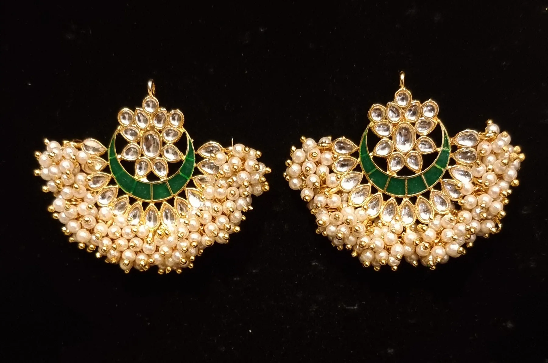 Hand painted kundan meenakari pearl chandbali earrings.