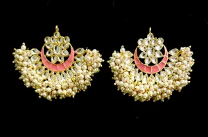 Hand painted kundan meenakari pearl chandbali earrings.