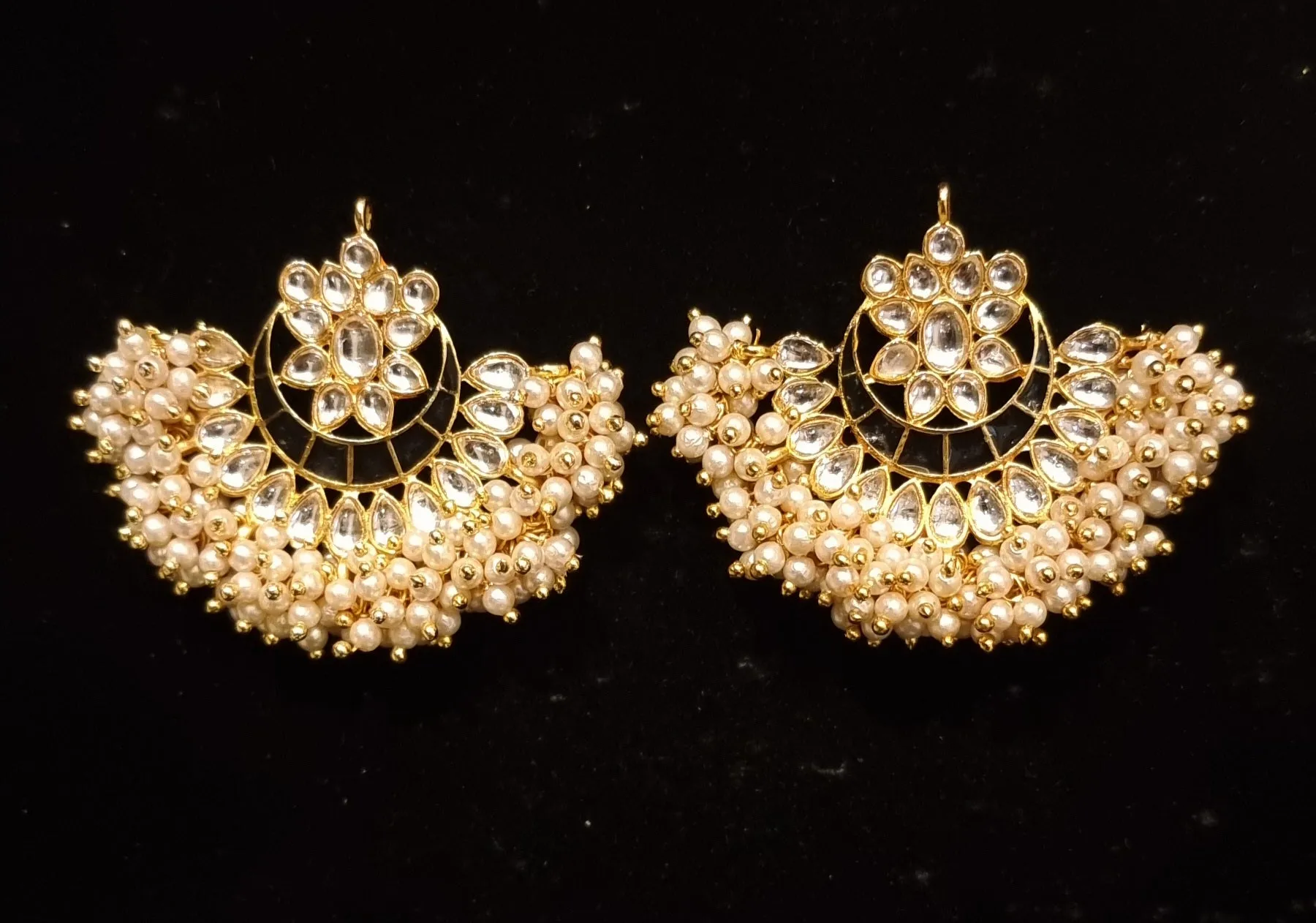 Hand painted kundan meenakari pearl chandbali earrings.