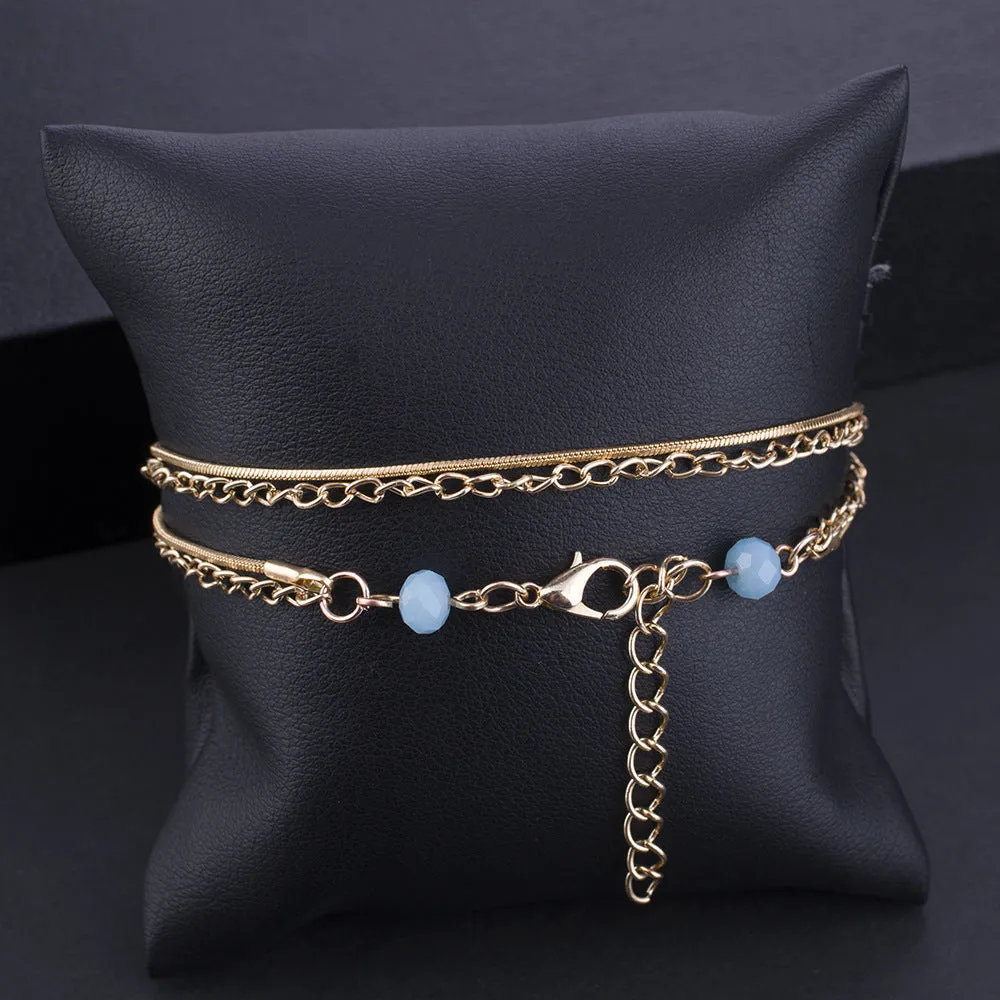 Ladies Double Anklet Blue Beaded Snake Bone Chain