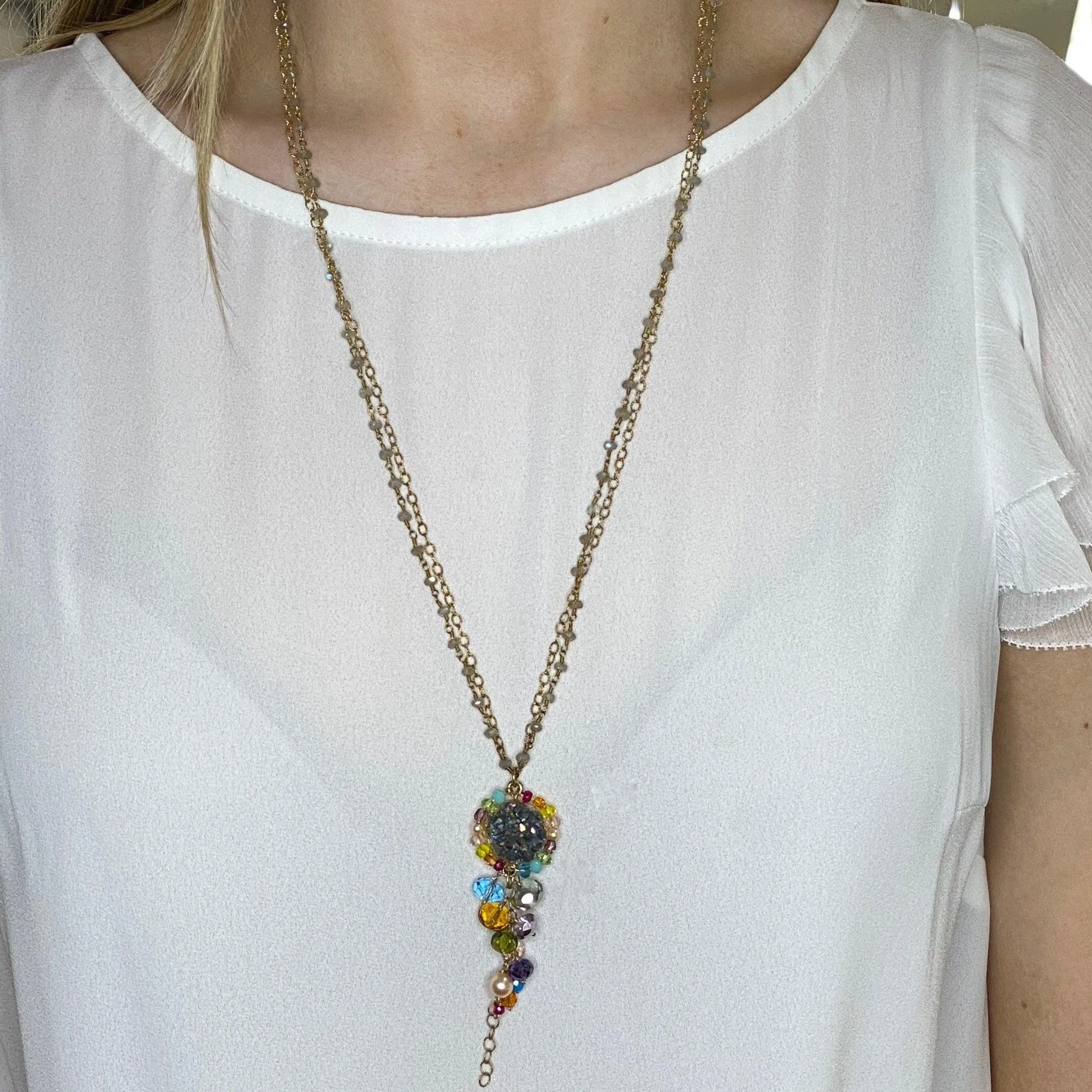 Long Colorful Druzy Pendant Necklace