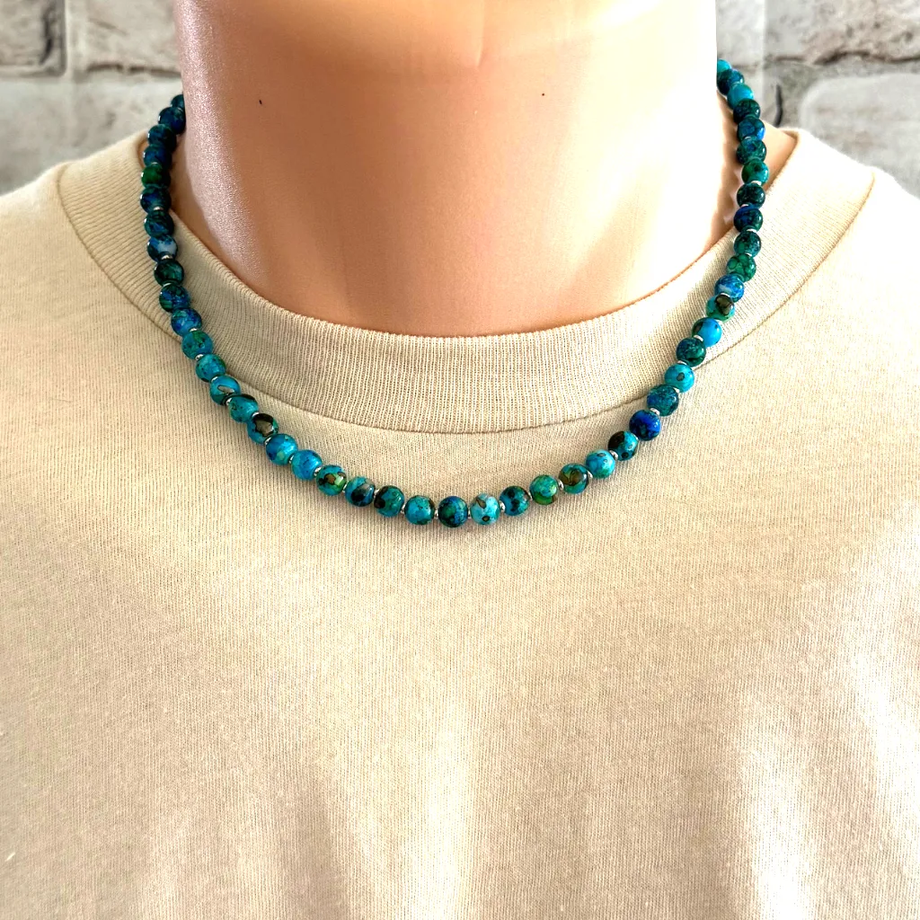 Mens Blue Green Glass and Silver Beaded Necklace